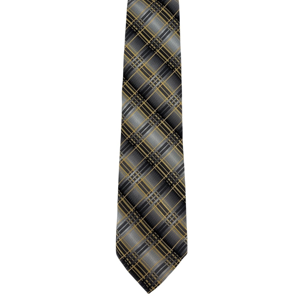 La Vita Di Moda Silk Plaid Tie Made in Italy Grey Yellow Geometric 60"x3.5"NWT